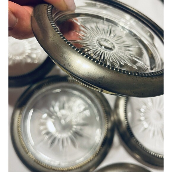 Vintage Leonard Italy Silverplate & Glass Coasters Set of 8 Starburst Design - Picture 5 of 12